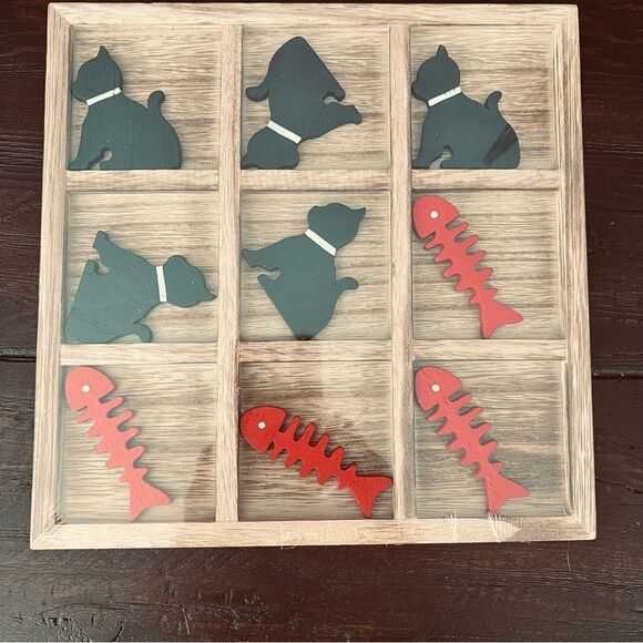 Tic Tac Toe Board Game Cats & Fish Bones 9”sq - Picture 1 of 4